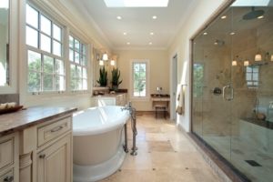 Big renovated bathroom with a bath tub